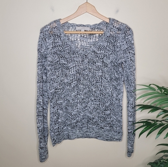 Loft | Black White Gray Marled Open Knit Sweater Size Small - Picture 1 of 4